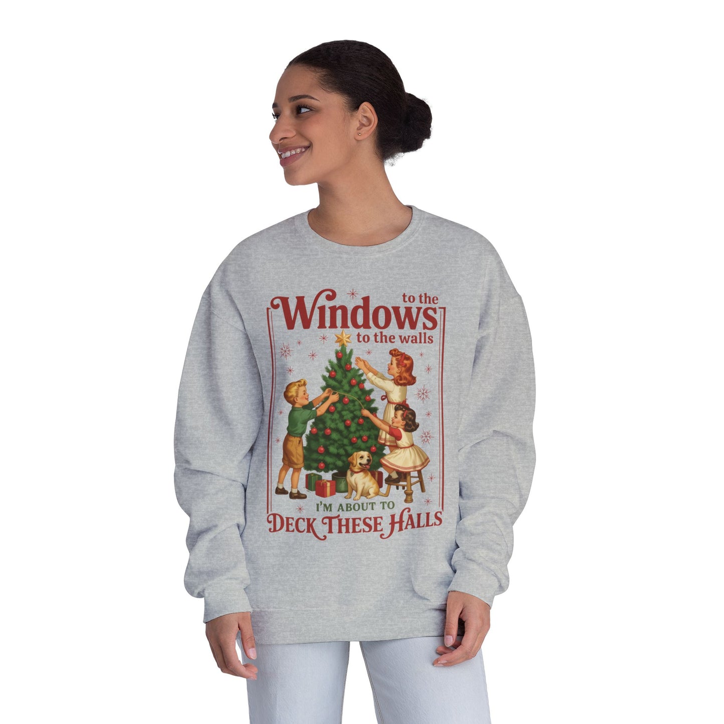 Holiday Crewneck Sweatshirt — "Deck These Halls" Vintage Christmas Tree Design