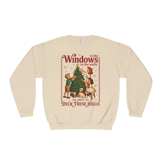Holiday Crewneck Sweatshirt — "Deck These Halls" Vintage Christmas Tree Design