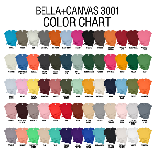 Color chart for Bella+Canvas 3001 t-shirts with various colors.