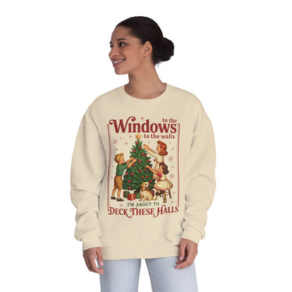 Holiday Crewneck Sweatshirt — "Deck These Halls" Vintage Christmas Tree Design