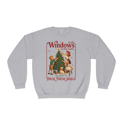 Holiday Crewneck Sweatshirt — "Deck These Halls" Vintage Christmas Tree Design