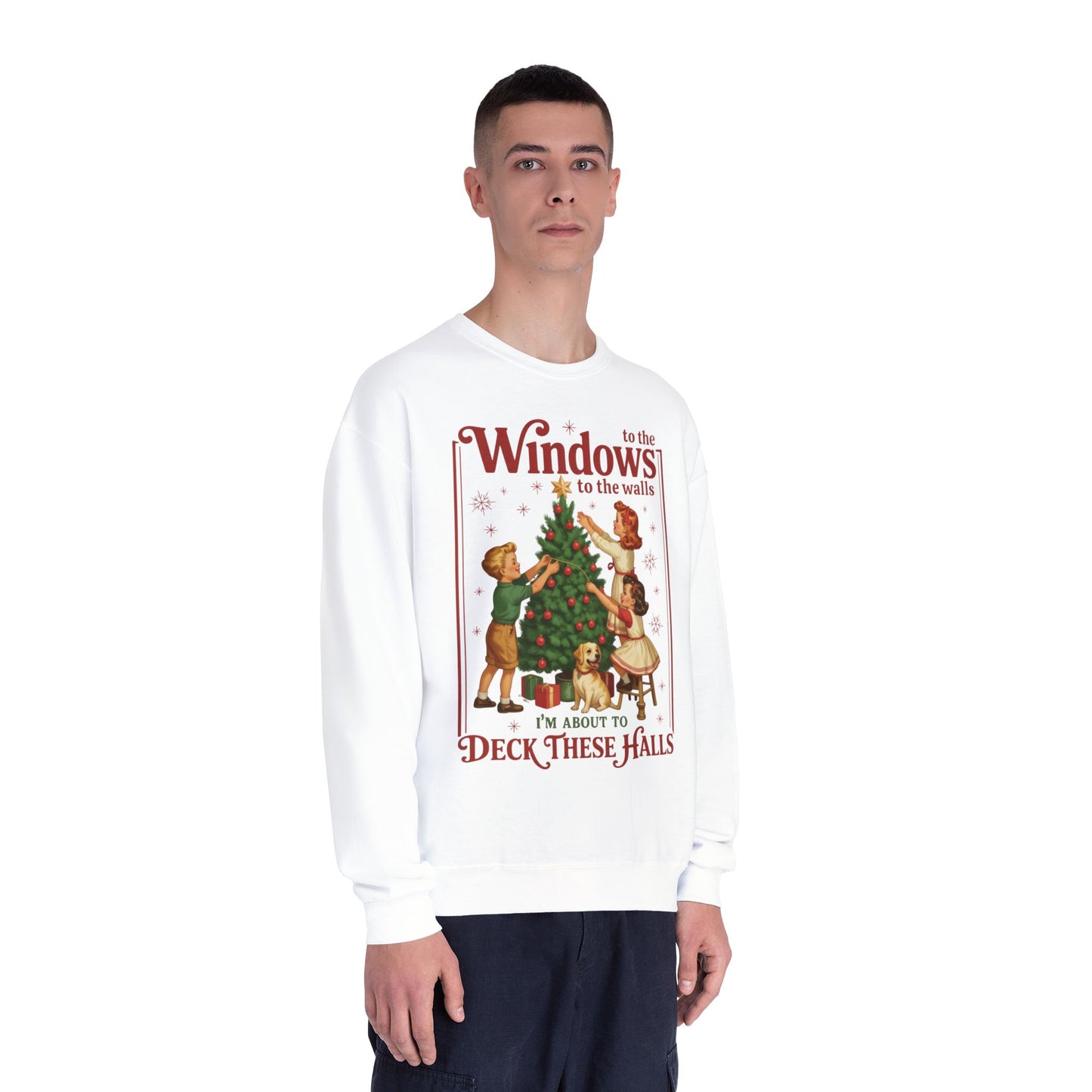 Holiday Crewneck Sweatshirt — "Deck These Halls" Vintage Christmas Tree Design