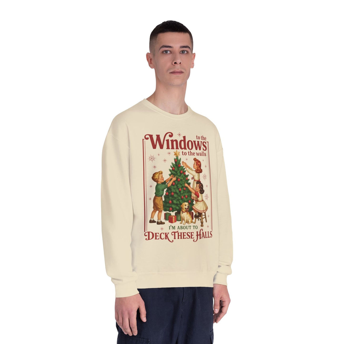 Holiday Crewneck Sweatshirt — "Deck These Halls" Vintage Christmas Tree Design