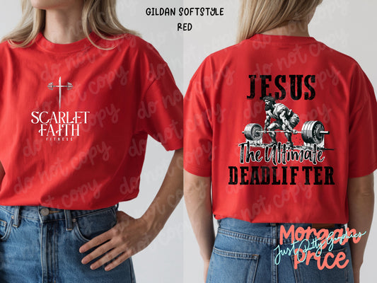Scarlet Faith Fitness “Jesus the Ultimate Deadlifter” Circle Christian Gym T-Shirt | Faith-Based Workout Tee | Unisex Graphic Shirt