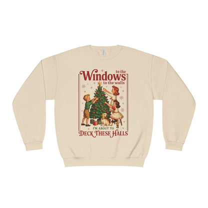 Holiday Crewneck Sweatshirt — "Deck These Halls" Vintage Christmas Tree Design