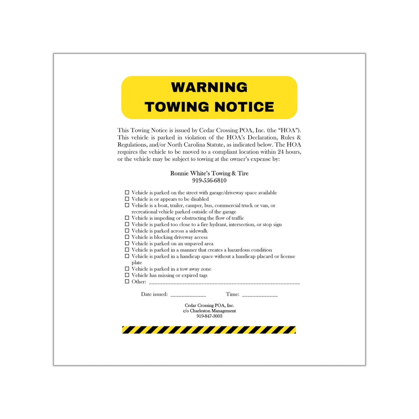 Waterproof, Permanent HOA Tow Sticker