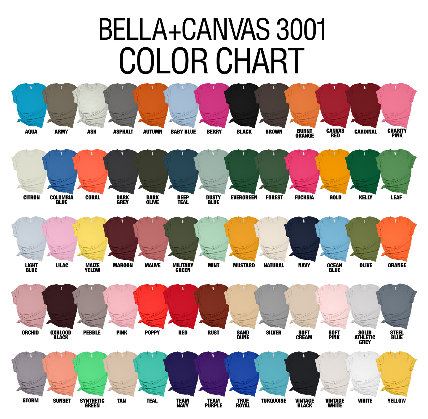 Color chart for Bella+Canvas 3001 t-shirts with various colors.