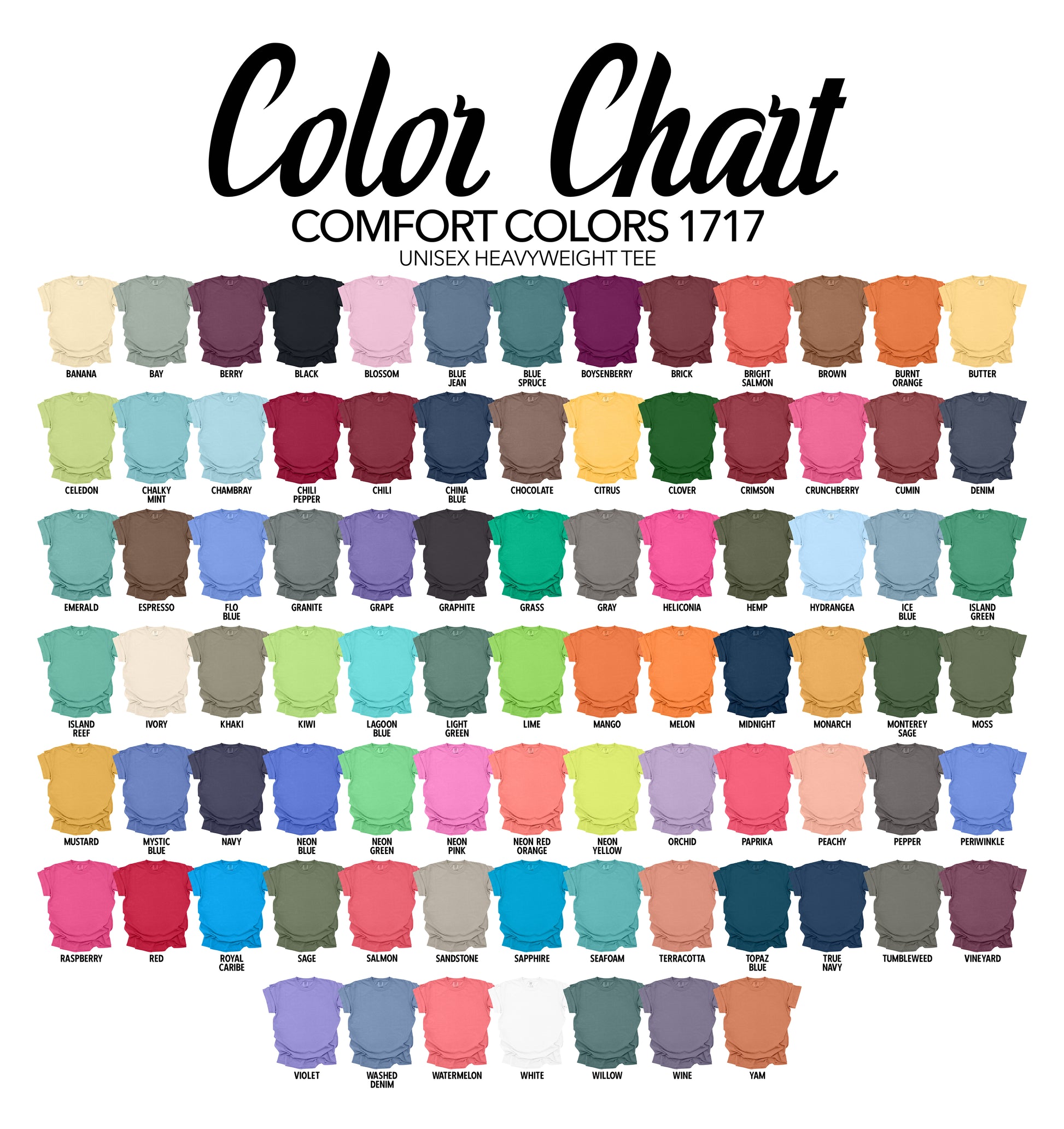 Color chart for Comfort Colors 1717 unisex heavy weight tee with various shirt colors.