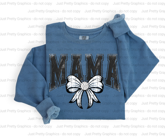 Blue sweatshirt with 'MAMA' and a bow graphic on a white background