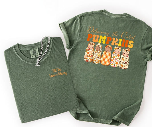UNC Rex Labor & Delivery Pumpkins Comfort Colors Shirt - Front & Back